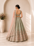 Mint Green Floral Embroidered Designer Lehenga Set with Blush Pink Net Dupatta