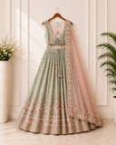 Mint Green Floral Embroidered Designer Lehenga Set with Blush Pink Net Dupatta