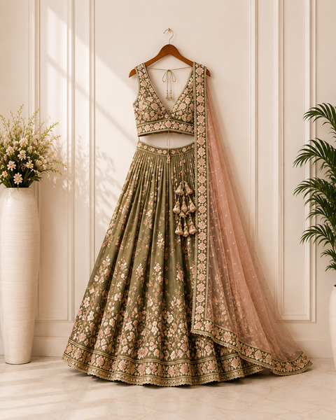 Olive Green Floral Embroidered Designer Lehenga Set with Blush Pink Net Dupatta