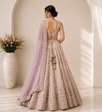 Ivory Floral Embroidered Designer Lehenga Set with Lavender Net Dupatta