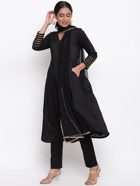Black Embellished Sleeve Kurta And Pant Set With Dupatta