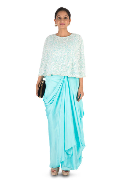 Anju Agarwal Hand Embroidered Sky Blue Drape Skirt & Cape Set