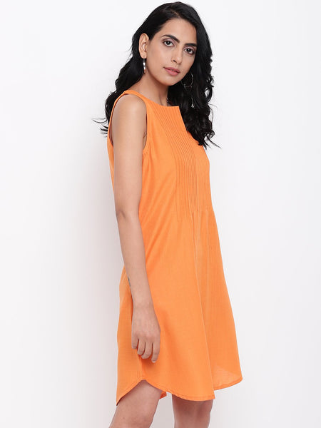 Linen Cotton Orange Pin-Tucks Dress