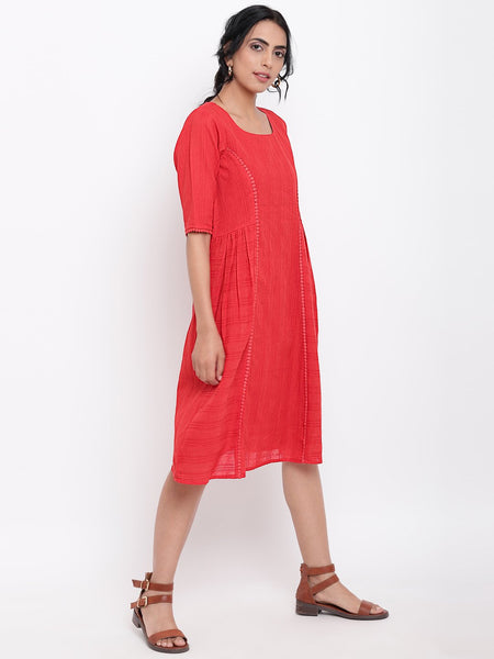 Red Lace Side Gathers Dress