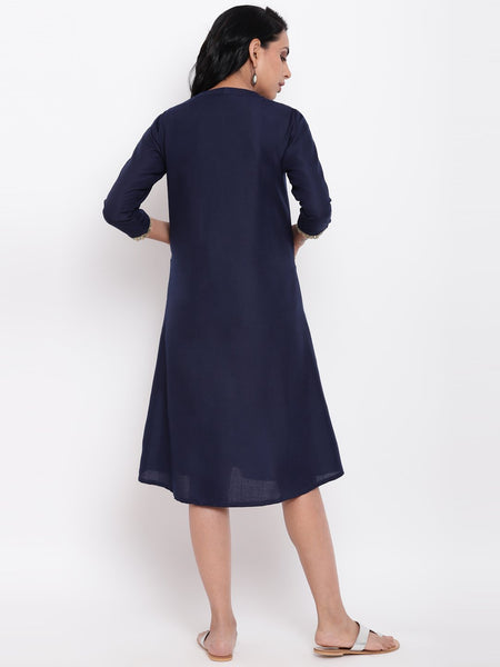 Linen Cotton Blue Jute Pocket Dress