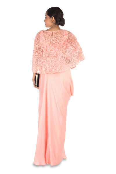 Anju Agarwal Hand Embroidered Pretty Peach Drape Skirt & Cape Set
