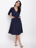 Linen Cotton Blue Jute Pocket Dress