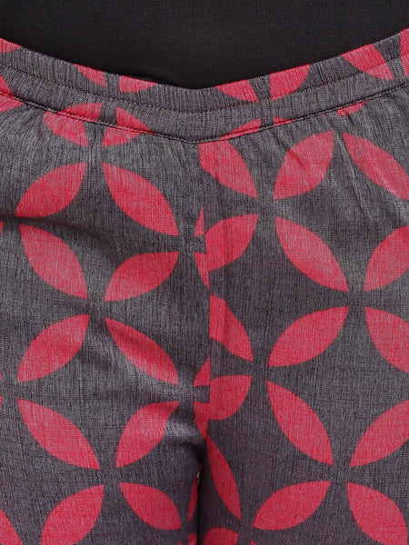 Black Slit Kurta And Red Flower Pant Set
