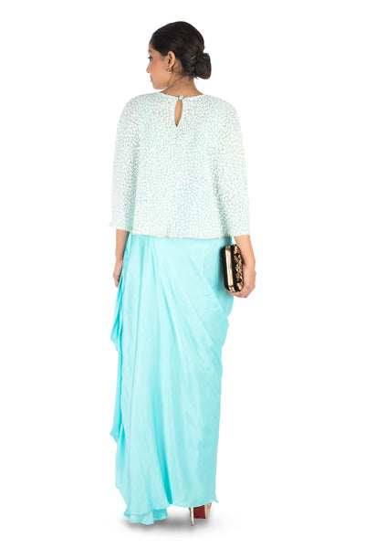 Anju Agarwal Hand Embroidered Sky Blue Drape Skirt & Cape Set