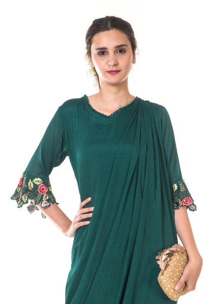 Green Floral Embroidered Asymmetrical Drape Tunic