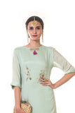 Light Green Hand Embroidered Double Layer Long Tunic with a Tasseled Neckline