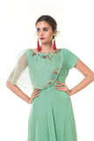 Green Hand Embroidered One Side Attached Cape Gown