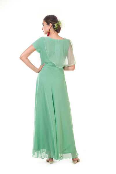 Green Hand Embroidered One Side Attached Cape Gown