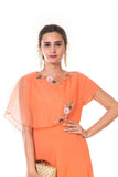 Orange  Hand Embroidered One Side Attached Cape Gown