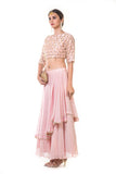 Pink Heavy Scallop Embroidered Blouse with Double Layer Skirt