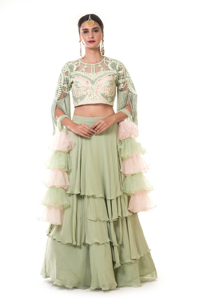 Green Layered Skirt with Heavy Hand Embroidered Blouse with Fringes and Ruffle Net Dupatta
