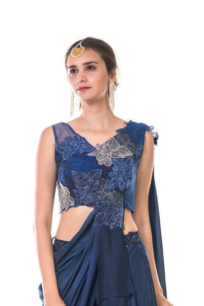 Blue Hand Embroidered Leaf Work Lehenga Set with an Attached Dupatta