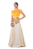 Yellow Frill Blouse with Heavy Hand Embroidered Beige Silk Lehenga