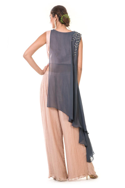 Hand Embroidered Grey & Peach Asymmetrical Top with Crush Pleated Pants