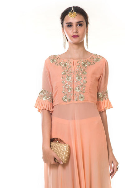 Peach Hnad Embroidered High Low Top with Pleated Sleeves & Shaded Palazzo
