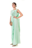 Aqua Green Hand Embroidered Pleated Draped Gown With Tassels