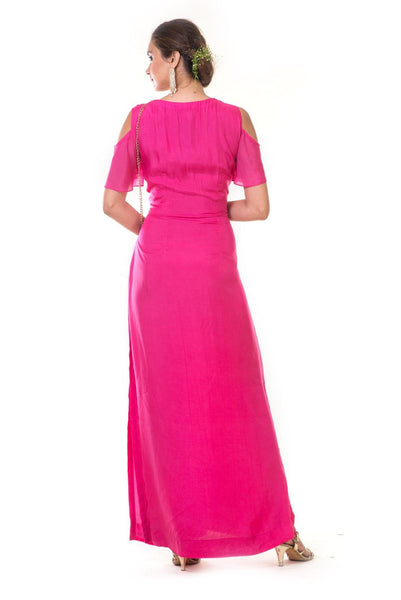 Pink Hand Embroidered Cold Shoulder Bell Sleeves Gown