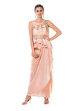 Pearl Pink Drape Gown with Heavy Hand Embroidered Peplum Bustier with An Attached One Side Dupatta and Fringes