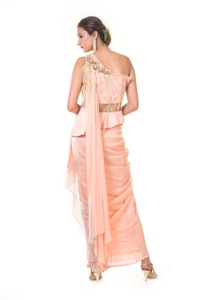 Pearl Pink Drape Gown with Heavy Hand Embroidered Peplum Bustier with An Attached One Side Dupatta and Fringes