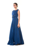 Blue Floral Hand  Embroidered Gown with One Side Ruffles