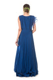 Blue Floral Hand  Embroidered Gown with One Side Ruffles