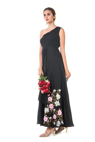 Black Floral Embroidered One Shoulder Gown
