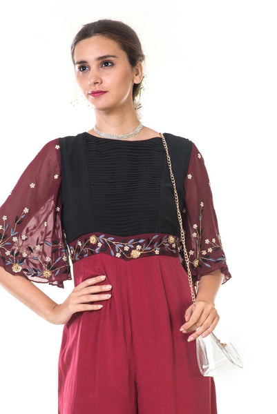 Maroon Hand Embroidered Bell Sleeves Jumpsuit with Black Pleated Yoke