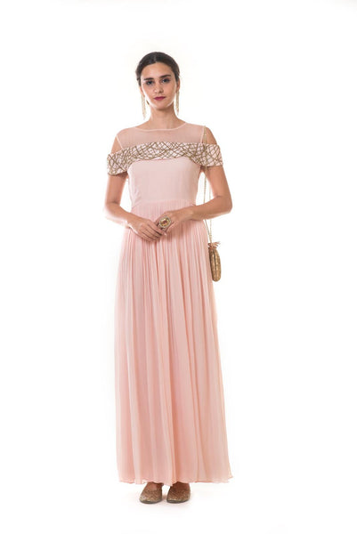 Peachish Pink Cold Shoulder Chain Embroidered Gown