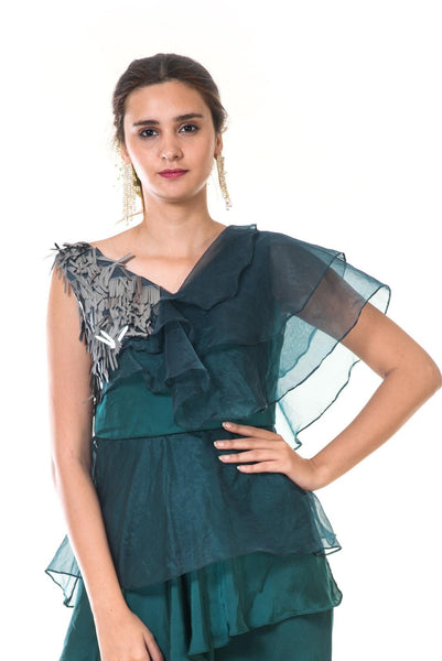 Green One Side Frill Sleeve Metal Sequins Peplum Top with a Draped Skirt