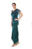 Green One Side Frill Sleeve Metal Sequins Peplum Top with a Draped Skirt