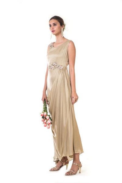 Golden Rose Floral Embroidered Draped Gown
