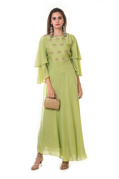 Parrot Green Hand Embroidered Double Layel Bell Sleeves Gown