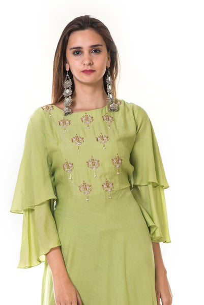 Parrot Green Hand Embroidered Double Layel Bell Sleeves Gown