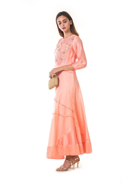 Light Peach Hand Embroidered Asymmetrical Pleated Gown