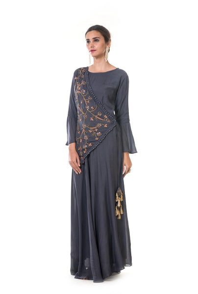 Grey Hand Embroidered Overlapped Asymmetrical Bell Sleeves Gown