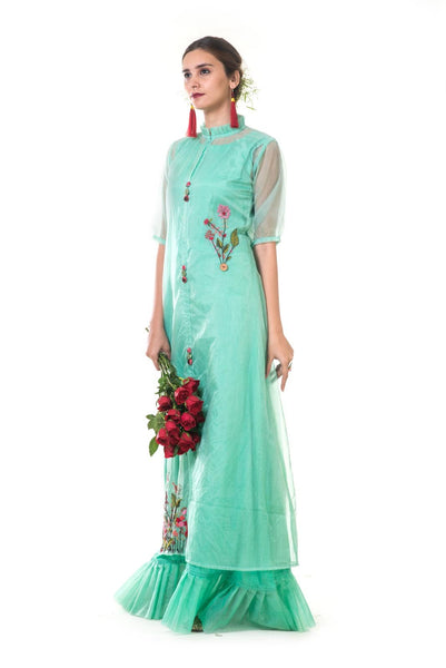 Green Pleated Gown with a Hand Embroidered Floral Jacket
