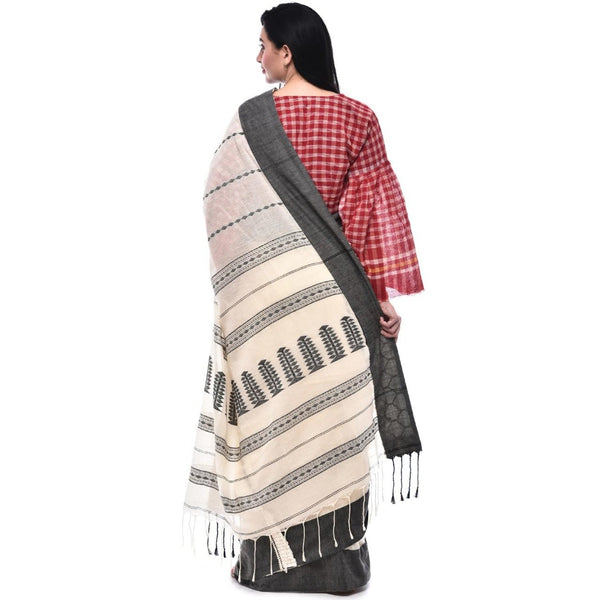 Cream And Black Soft Cotton Handloom Sari