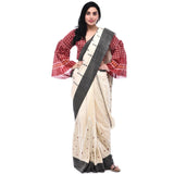 Cream And Black Soft Cotton Handloom Sari