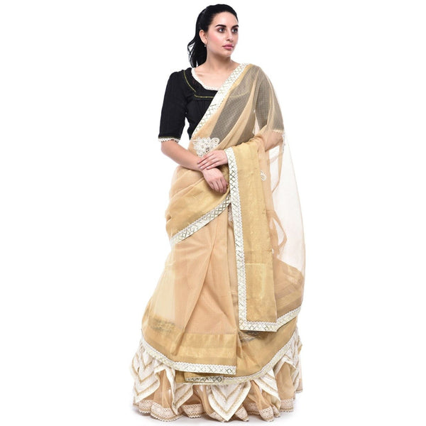 Beige Gold Tissue Cotton Sari