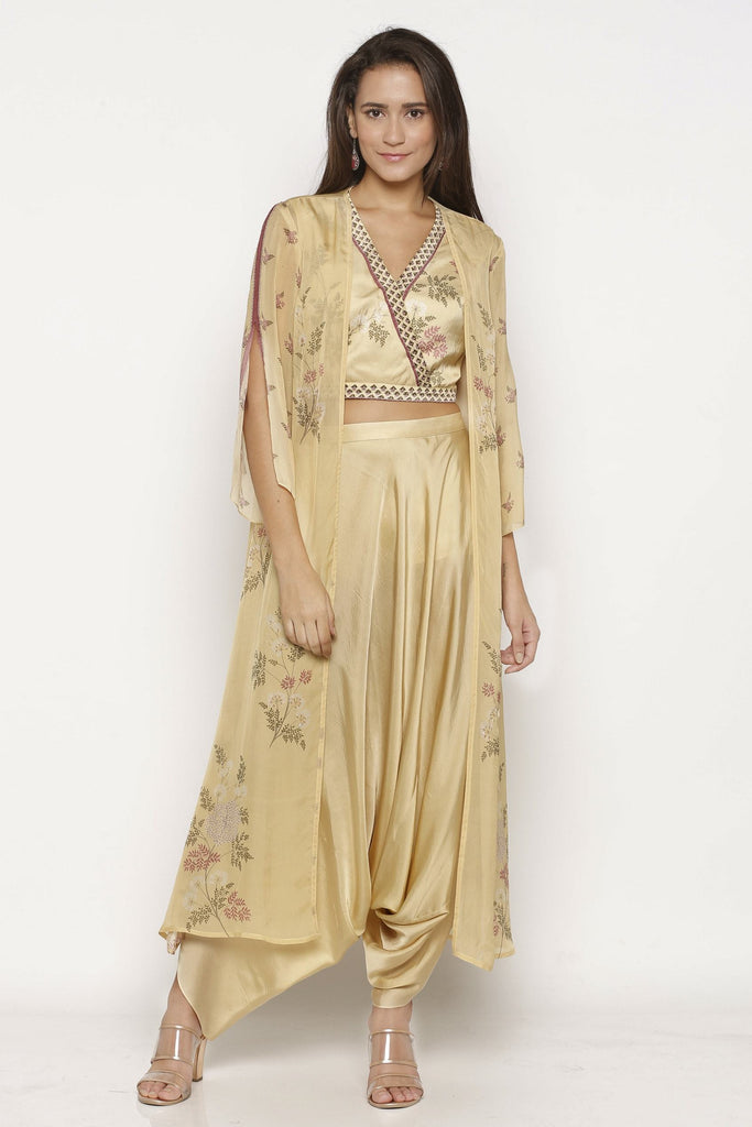 Buy Beige Crepe Sleeveless Tulip Dhoti And Crop Top Set with Embroidery