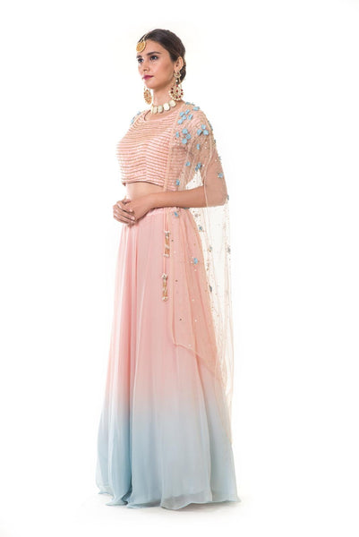 Hand Embroidered Cape with a Pink & Blue Shaded Lehenga & Blouse Set