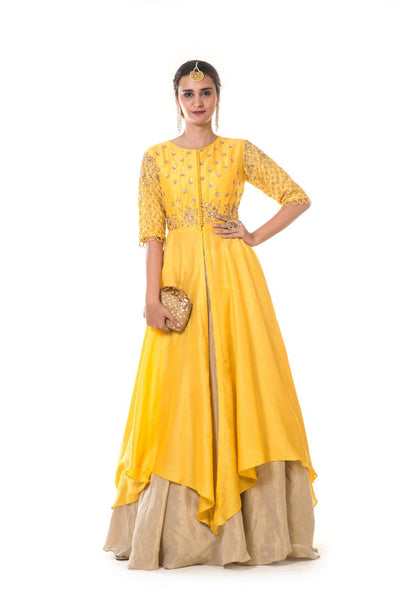 Yellow Heavy Embroidered Asymmetrical Long Blouse and Lehenga Set