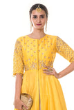 Yellow Heavy Embroidered Asymmetrical Long Blouse and Lehenga Set