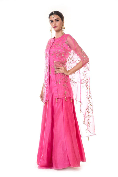 Fuchsia Pink Blouse & Lehenga Set with an Hand Embroidered Cape