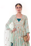 Hand Embroidered Sea Green Asymmetrical Top with Bottle Green Bustier & Layered Lehenga with Dupatta